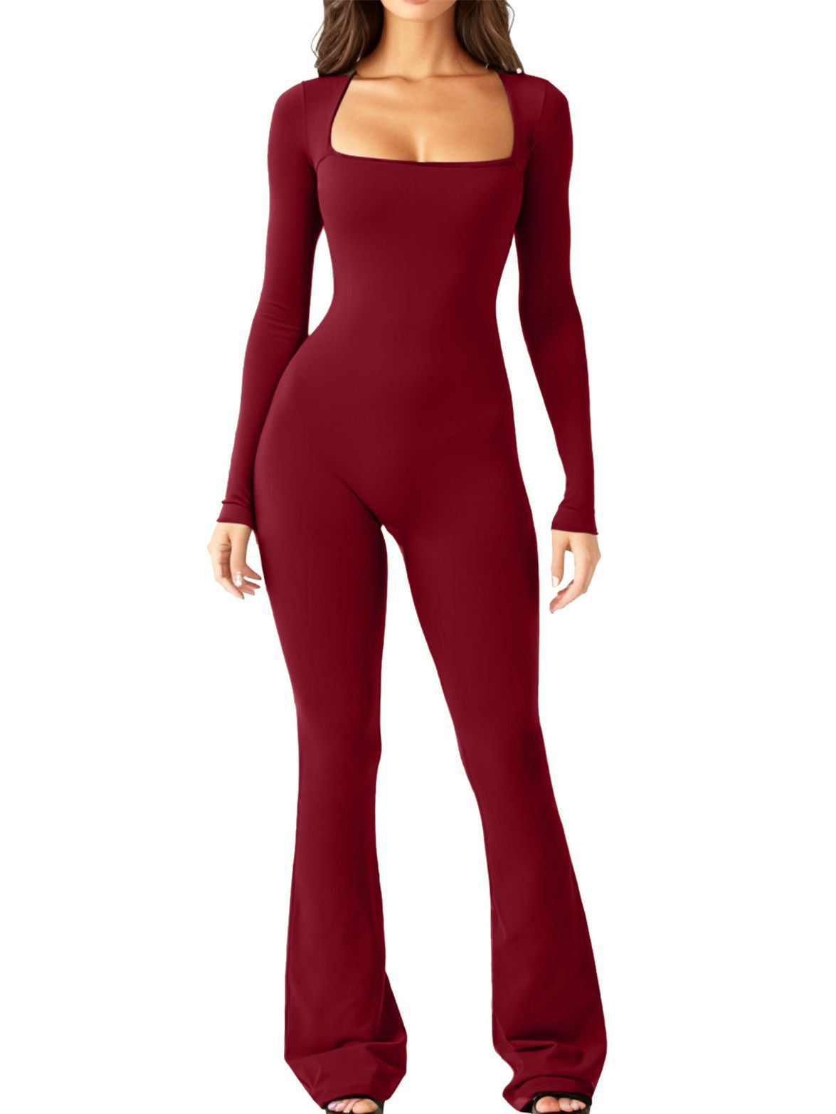 Women Long Sleeve Waist Shaping and Hip Lift Square Collar Elastic Jumpsuit