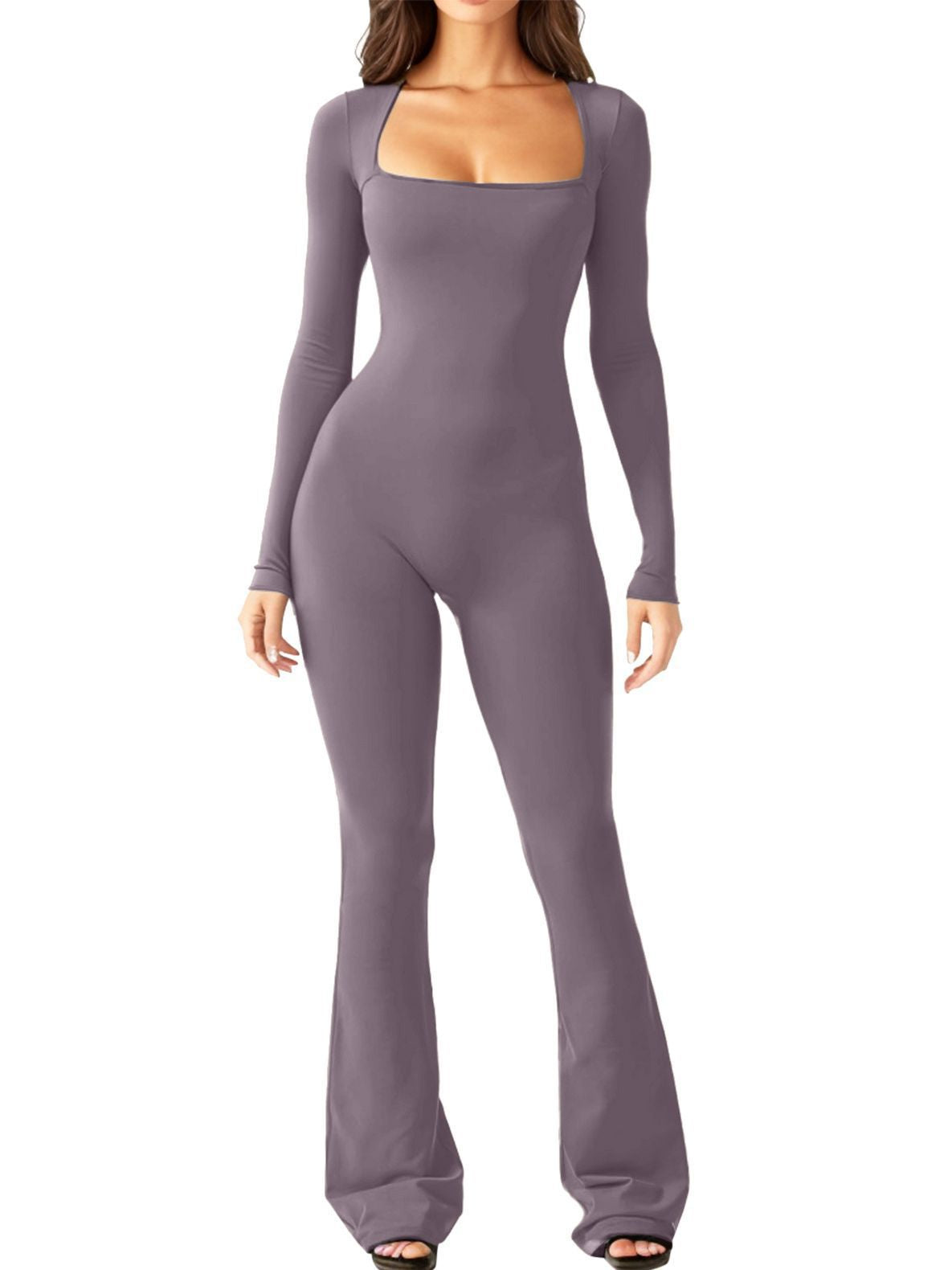 Women Long Sleeve Waist Shaping and Hip Lift Square Collar Elastic Jumpsuit