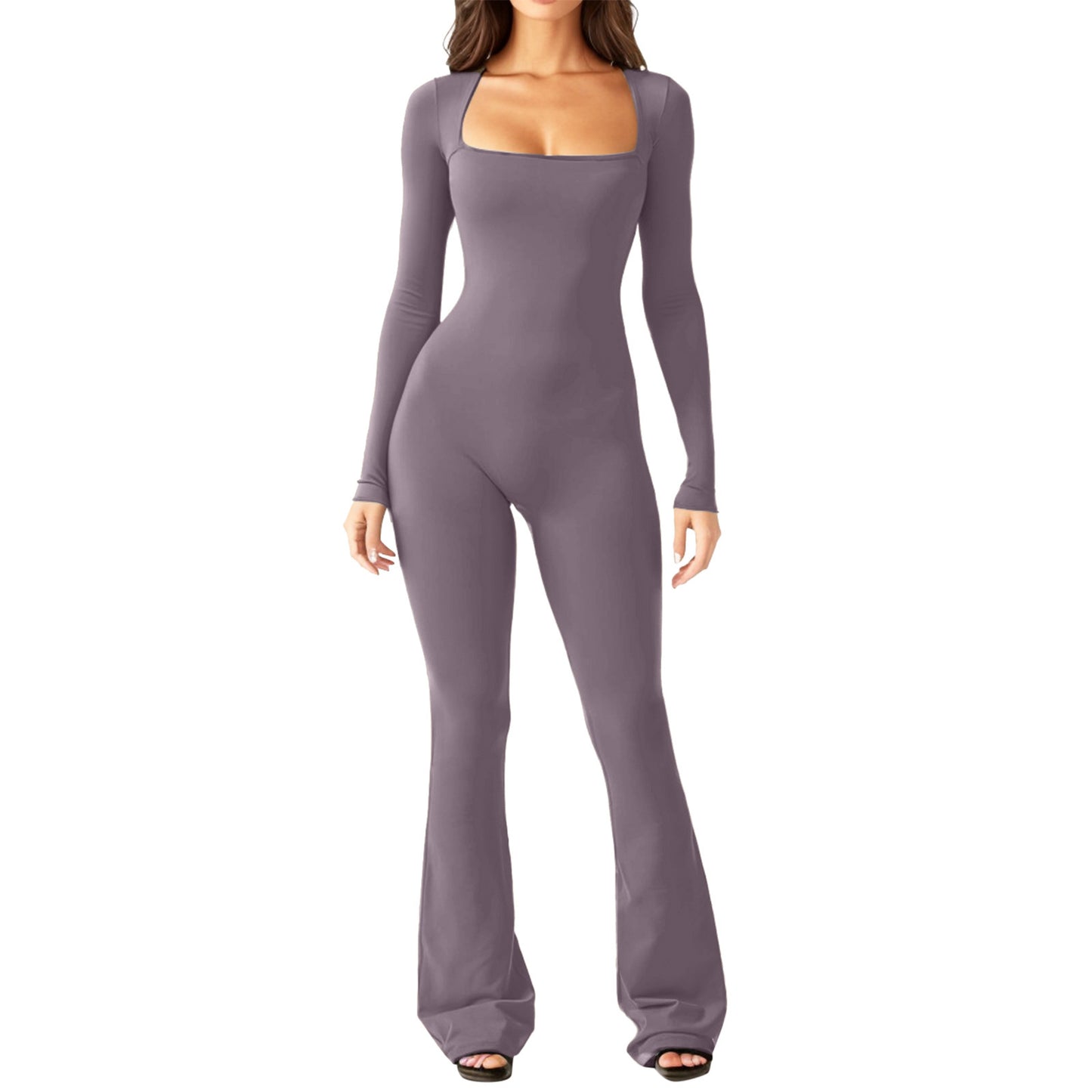 Women Long Sleeve Waist Shaping and Hip Lift Square Collar Elastic Jumpsuit