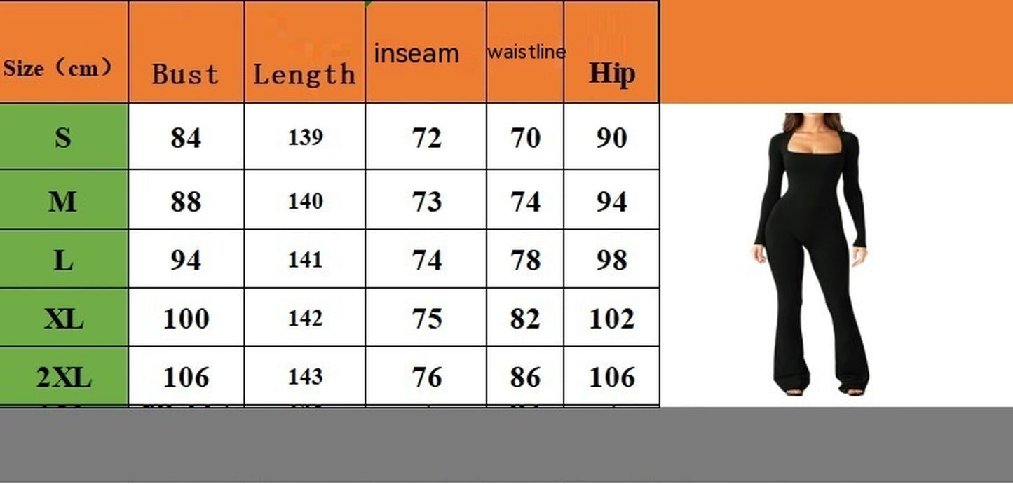 Women Long Sleeve Waist Shaping and Hip Lift Square Collar Elastic Jumpsuit