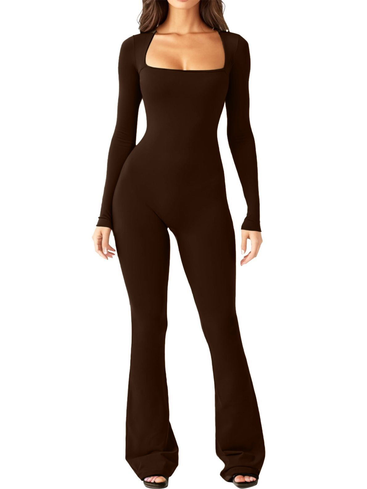 Women Long Sleeve Waist Shaping and Hip Lift Square Collar Elastic Jumpsuit