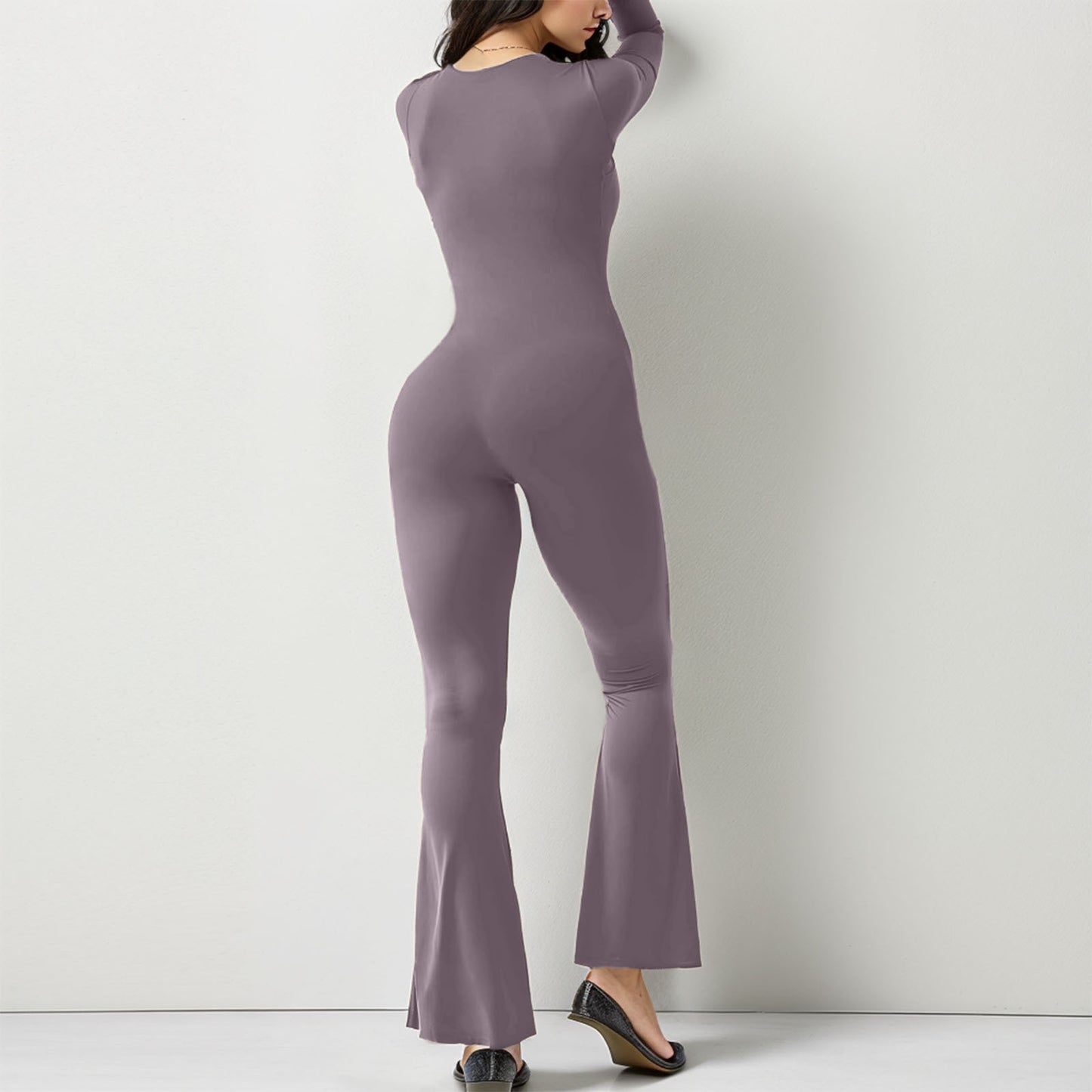 Women Long Sleeve Waist Shaping and Hip Lift Square Collar Elastic Jumpsuit