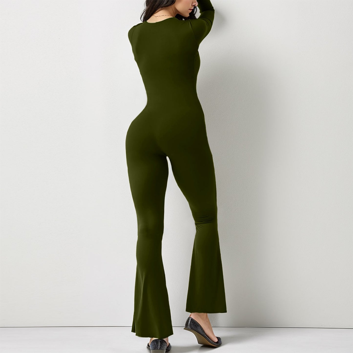 Women Long Sleeve Waist Shaping and Hip Lift Square Collar Elastic Jumpsuit