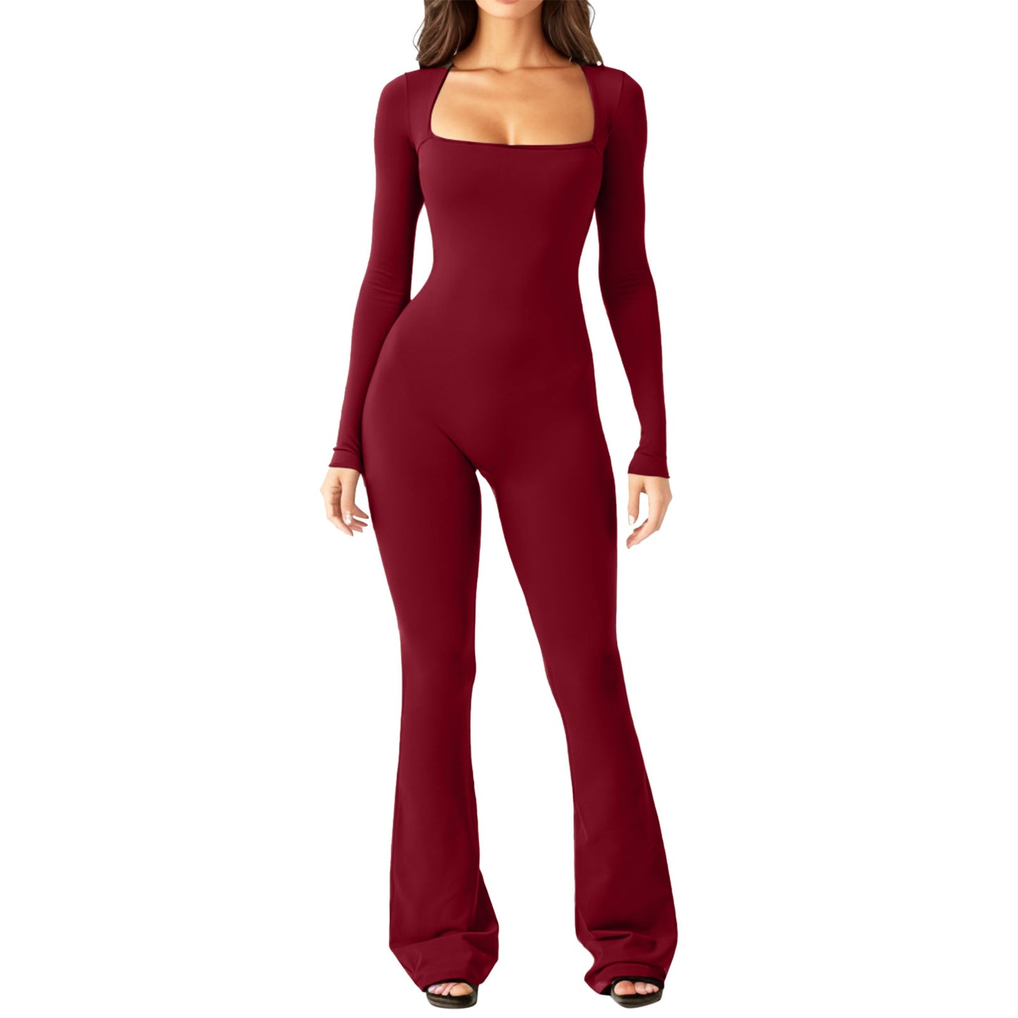 Women Long Sleeve Waist Shaping and Hip Lift Square Collar Elastic Jumpsuit