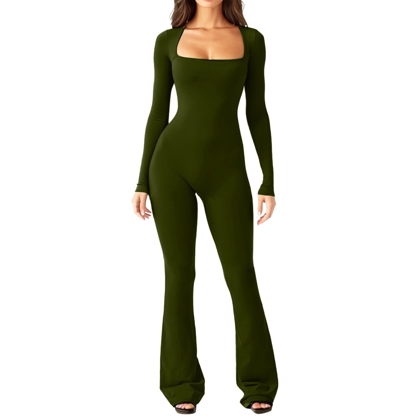 Women Long Sleeve Waist Shaping and Hip Lift Square Collar Elastic Jumpsuit
