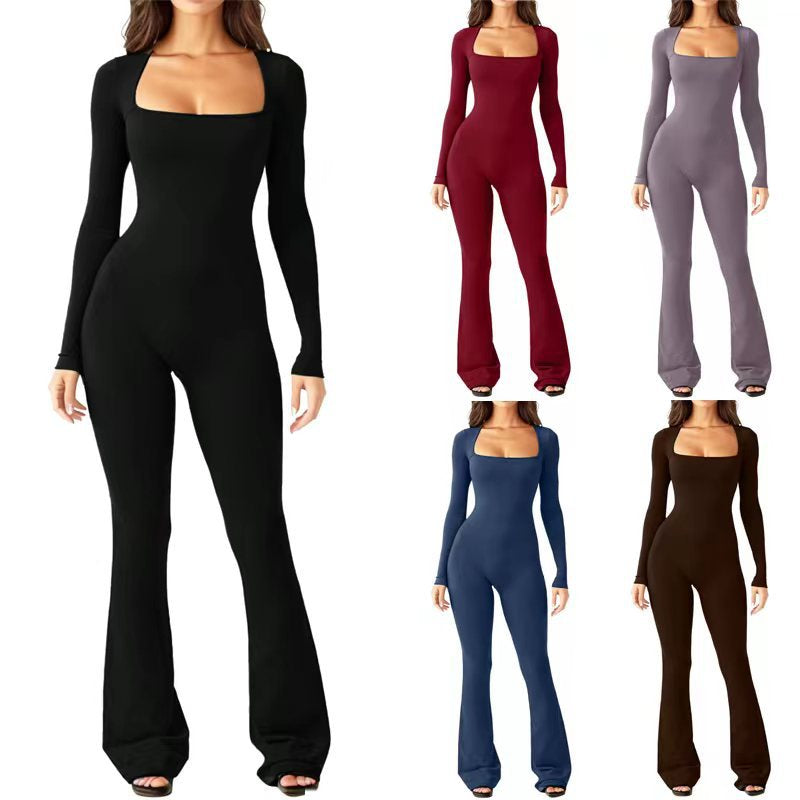Women Long Sleeve Waist Shaping and Hip Lift Square Collar Elastic Jumpsuit